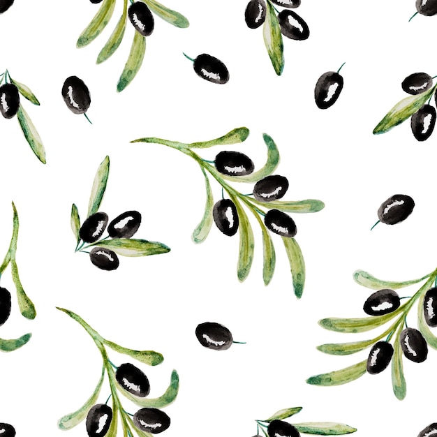 Seamless pattern with black and green olive branches on white background Hand drawn watercolor illustration