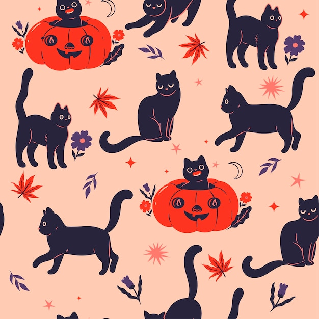 Seamless pattern with black Halloween cats Vector graphics