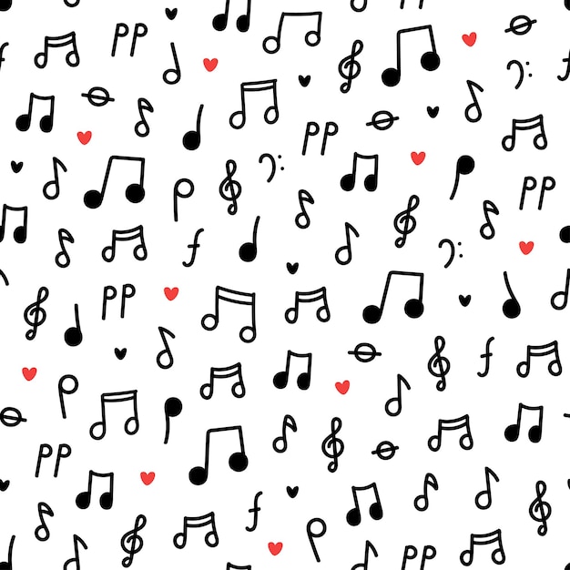 Seamless pattern with black musical notes on white background Vector backdrop