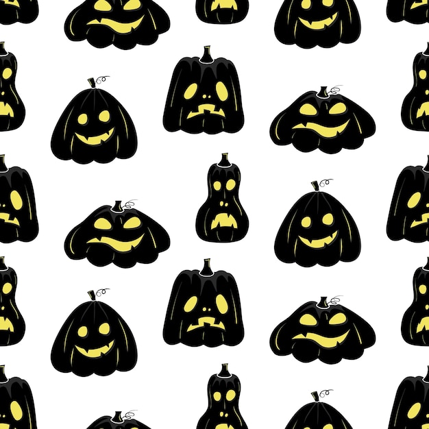 Seamless pattern with black silhouette of a pumpkin face with yellow glowing eyes for halloween on a white background