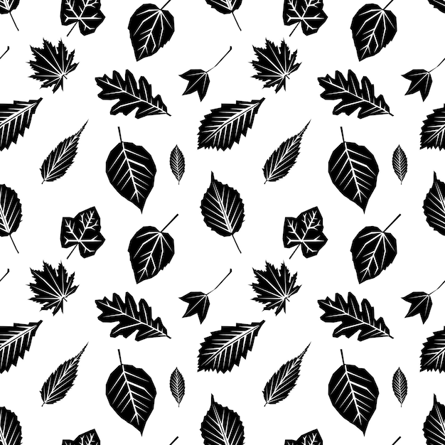 Seamless pattern with black silhouettes of autumn leaves on white Flat design Vector