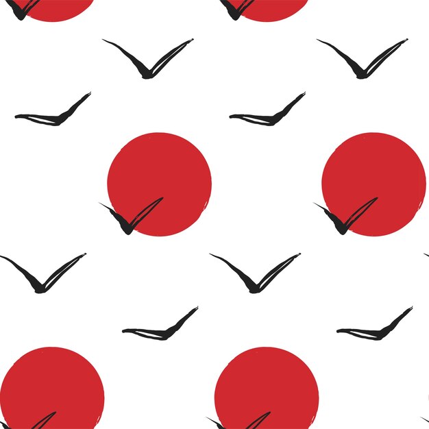 Vector seamless pattern with black silhouettes of birds on a red sun background. ink drawing by hand