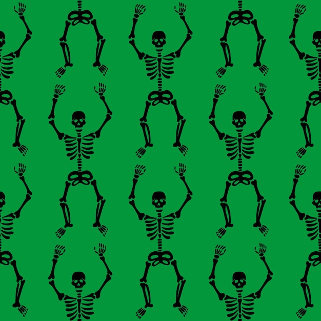 Seamless pattern with black skeletons dancing and having fun on a green background