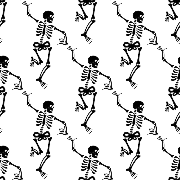 Seamless pattern with black skeletons vigorously dancing and having fun on a white background