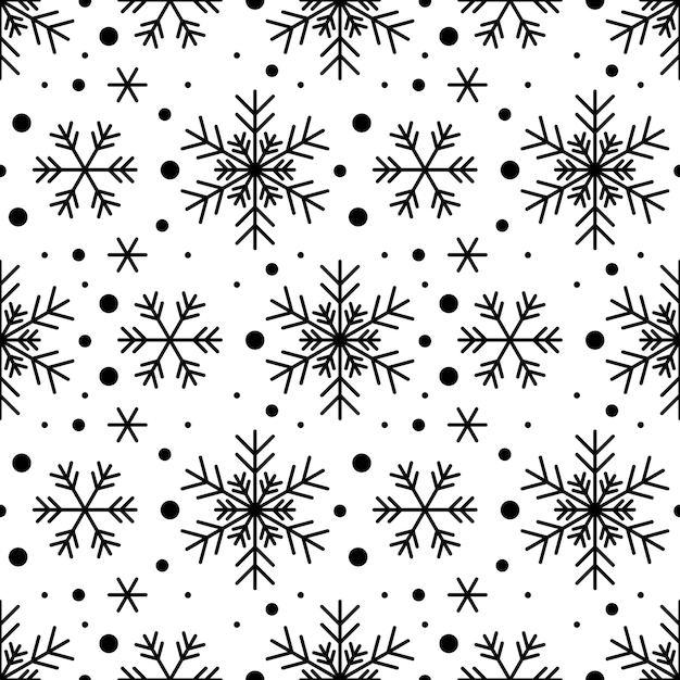 Seamless pattern with black snowflakes on white background. Festive winter traditional decoration for New Year, Christmas, holidays and design. Ornament of simple line repeat snow flake