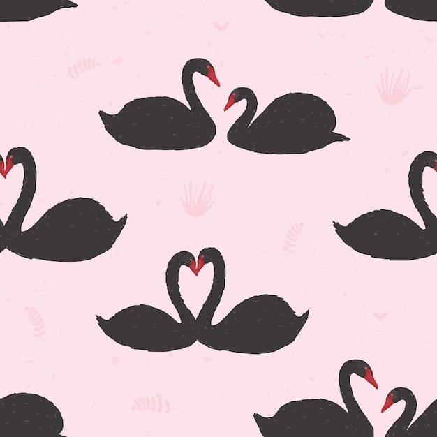 Seamless pattern with black swans floating in pond or lake among water plants