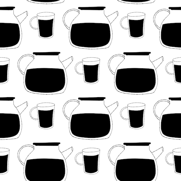 Seamless pattern with black teapots and cups illustration on white background