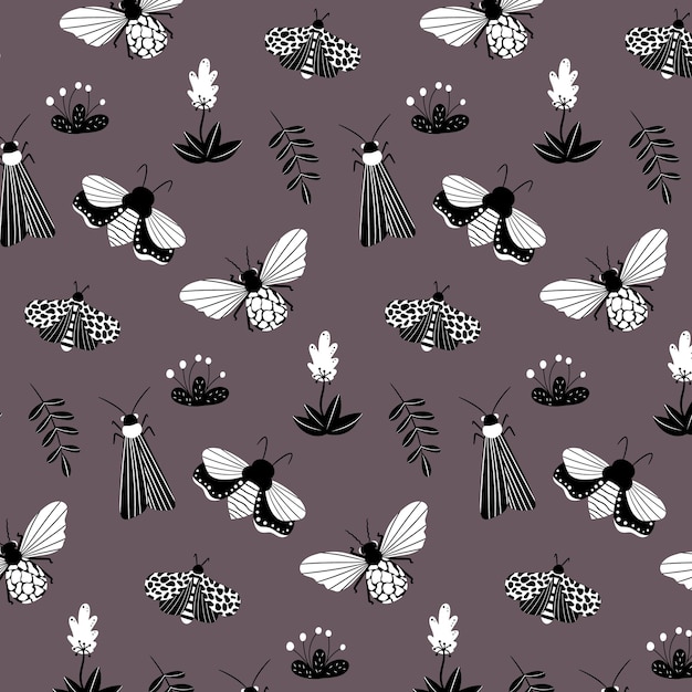 Vector seamless pattern with black and white butterflies, moths, dragonflies and botanical elements. vector pattern in cartoon style. for clothing, fabric, wallpaper and all prints on a white background