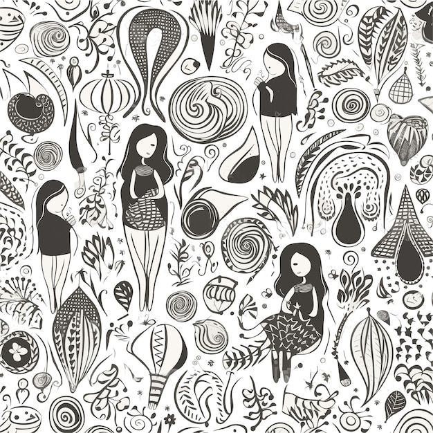 Seamless pattern with black and white drawings of women and the word love.