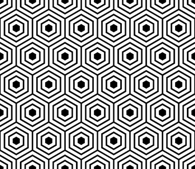 Seamless pattern with black white hexagons and striped lines Optical illusion effect