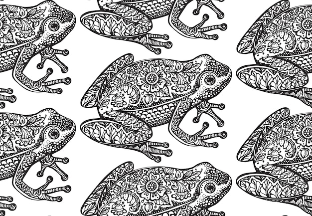 Seamless pattern with black and white ornate doodle frog and floral