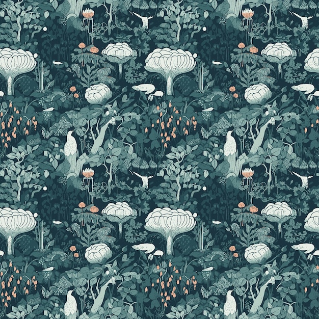 A seamless pattern with a blue background with a white bird and a tree with a white bird on it