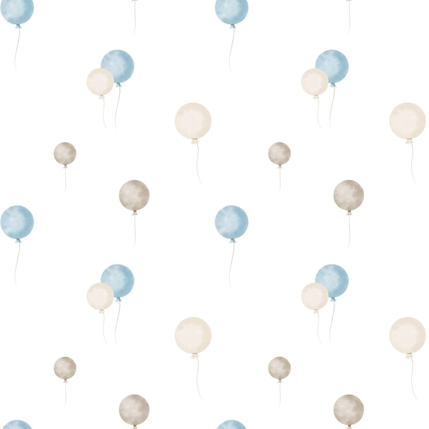 Seamless Pattern with blue Balloons Watercolor hand painted Background for baby textile design or birthday party