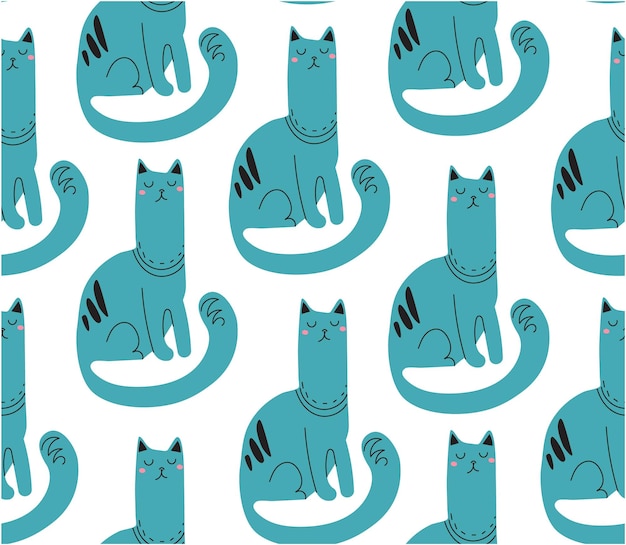 Seamless pattern with blue cats Vector drawn in in doodle style