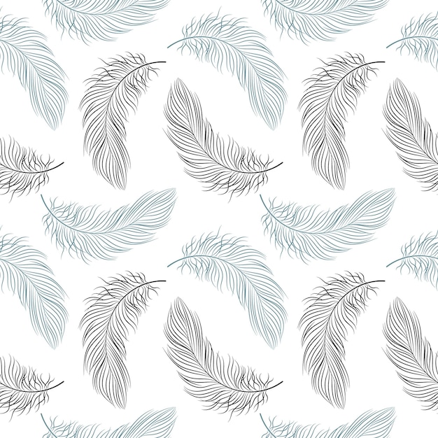 Seamless pattern with blue feathers on a white background.