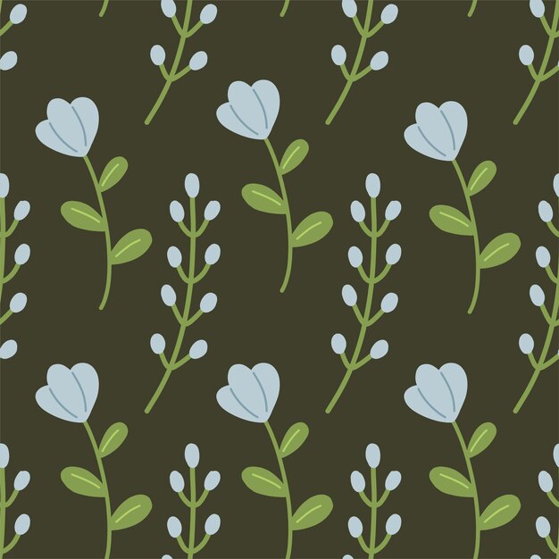 Seamless pattern with blue flowers on a dark background