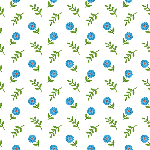 Seamless pattern with blue flowers and green branches on white background Minimalistic illustration