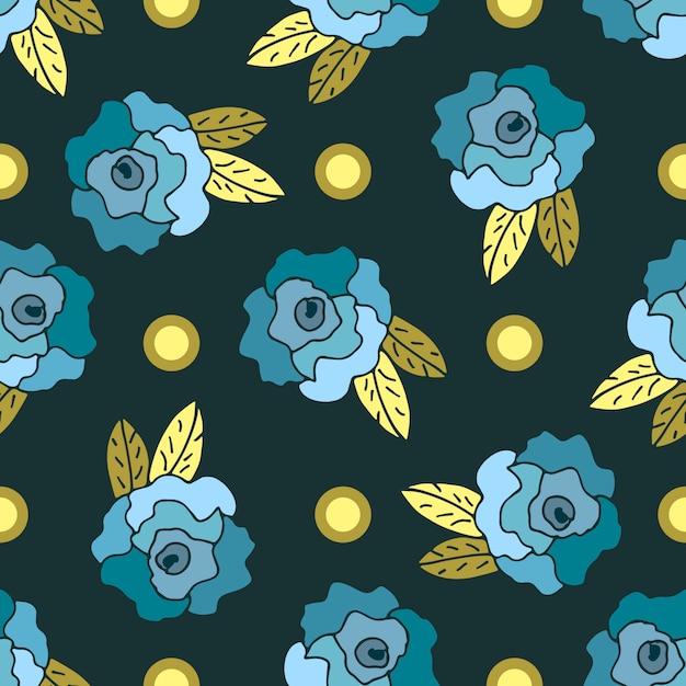 Seamless pattern with blue hand drawn roses and dots 