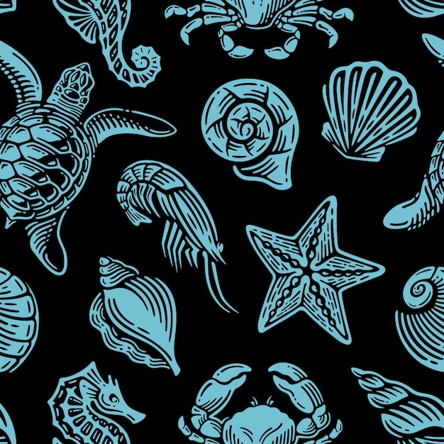 Seamless pattern with blue marine life on vintage design.