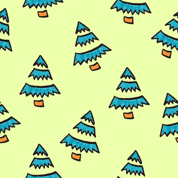 Seamless pattern with blue pine trees and spruces hand drawn on yellow background