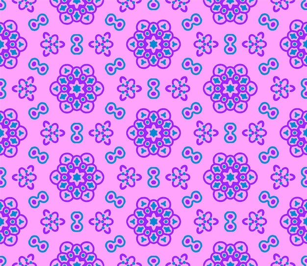 A seamless pattern with blue and purple flowers and circles on a pink background.