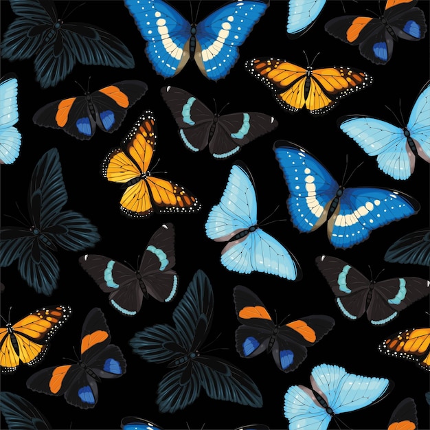 Seamless pattern with blue and yellow butterflies