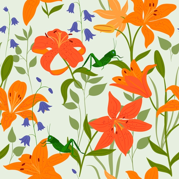 Seamless pattern with bluebells lilies and grasshoppers