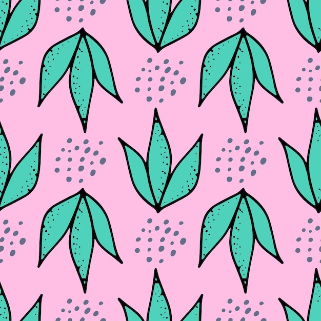 Seamless pattern with blueberries and leaves in doodle style on a pink background Berry texture