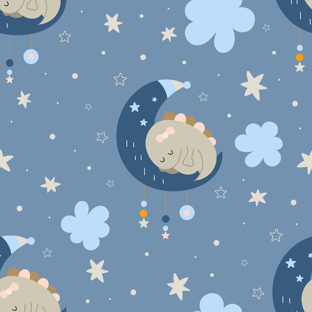 Seamless pattern with boho dinosaurs sleeping on the moon, clouds, outer space.
