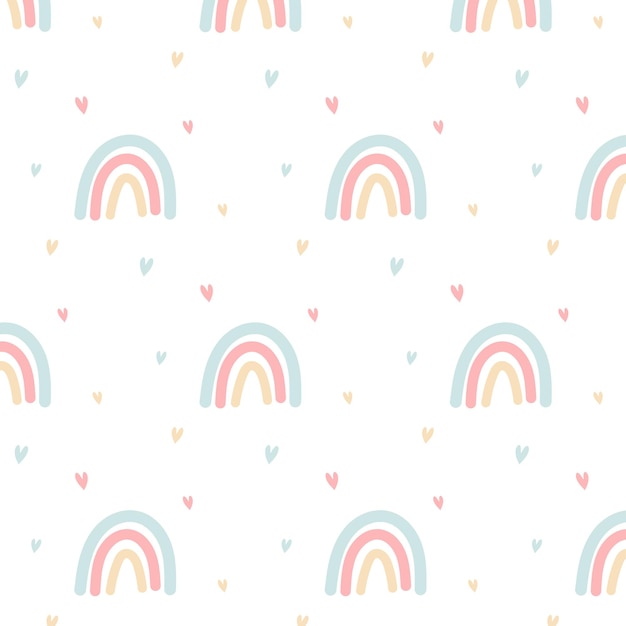 Seamless pattern with boho pastel Rainbow and hearts Print for playroom baby bedrooms textiles