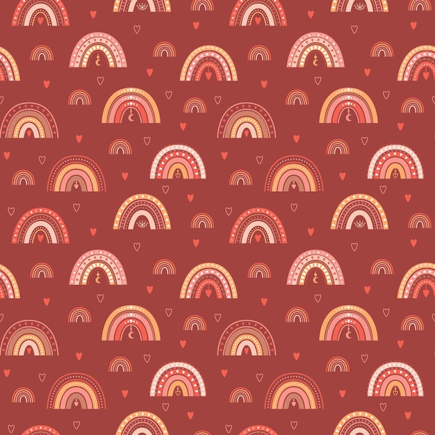 Seamless pattern with boho rainbows hearts and boho elements Perfect for packaging paper home textiles Vector illustrations on a brownred background