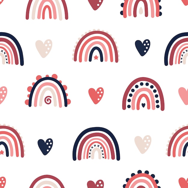 Seamless pattern with boho rainbows and hearts