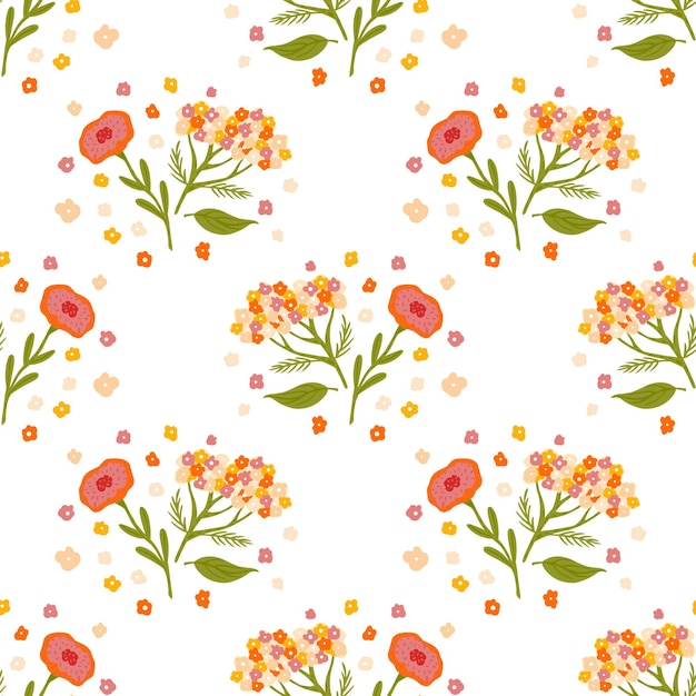 Seamless pattern with botanic yarrow flowers ornament isolated on white background.