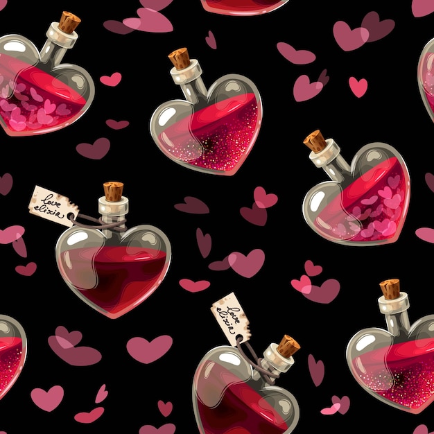 Seamless pattern with bottles of love potion