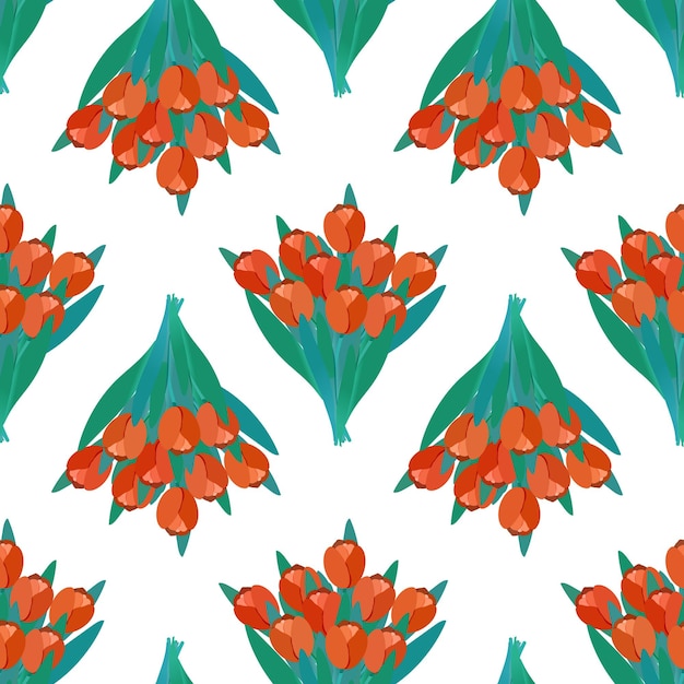 Seamless pattern with bouquets of orange tulips Bunch of freshly cut flowers Spring symbol Floral print with green leaves Vector illustration