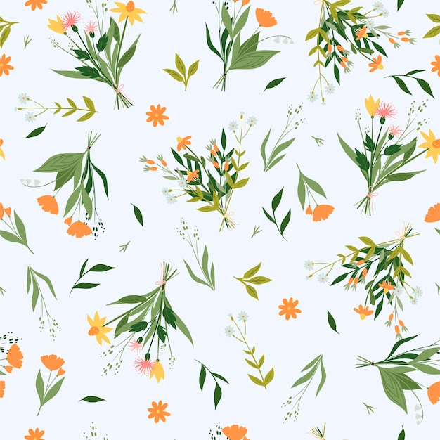 Seamless pattern with bouquets of wildflowers