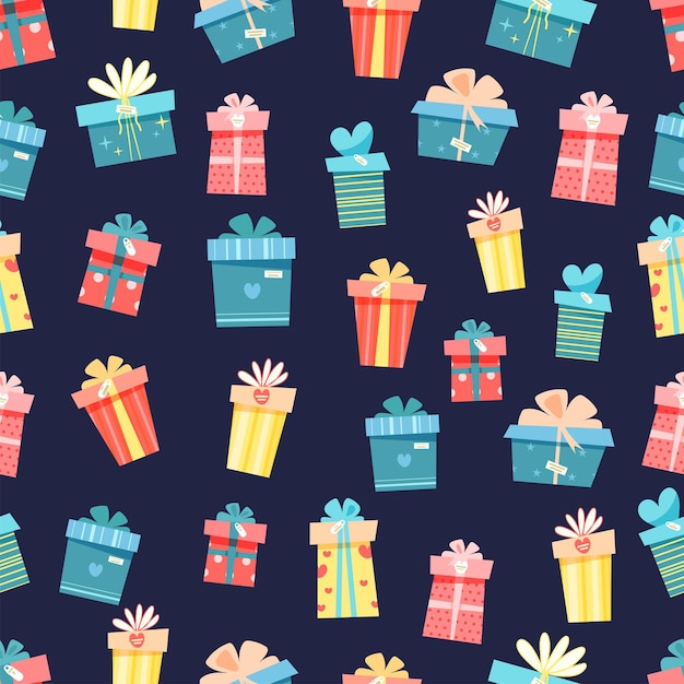 Seamless pattern with boxes for gifts , presents seamless pattern, different boxes with ribbons.