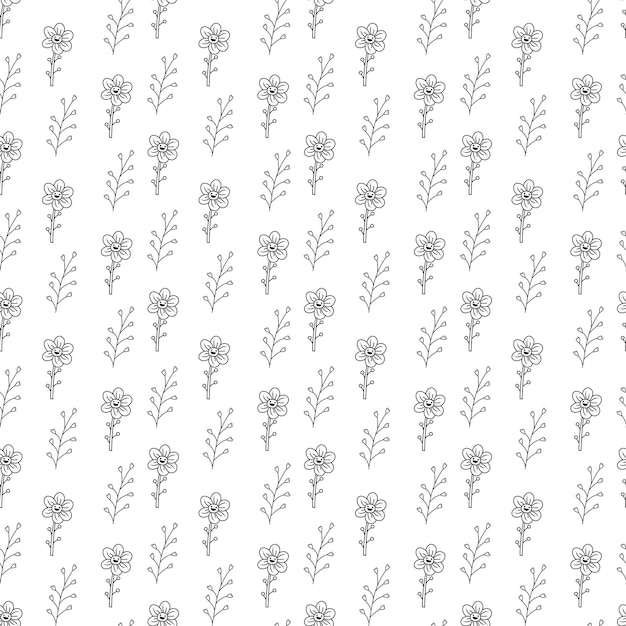 Seamless pattern with branch abstract and flower character Cartoon black and white vector illustration