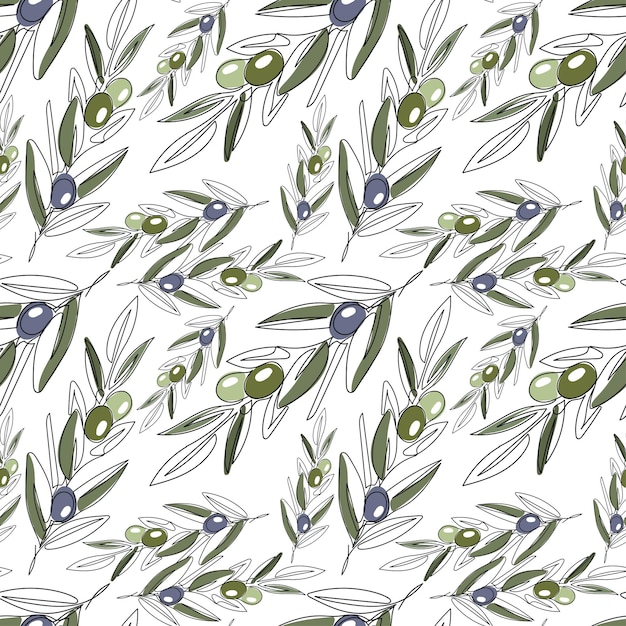 Seamless pattern with branch olives lemon slices and a glass bottle of premium virgin olive oil Can be used like pattern for kitchen textile wrapping paper and cards Vector illustration