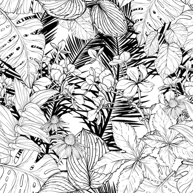 Seamless pattern with branches and leaves Black and white