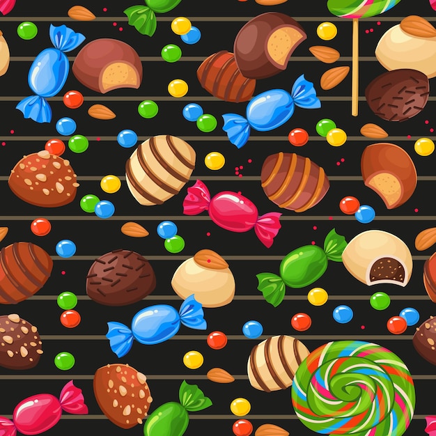 Seamless pattern with bright colored sweets chocolate and lollipop on a black striped background