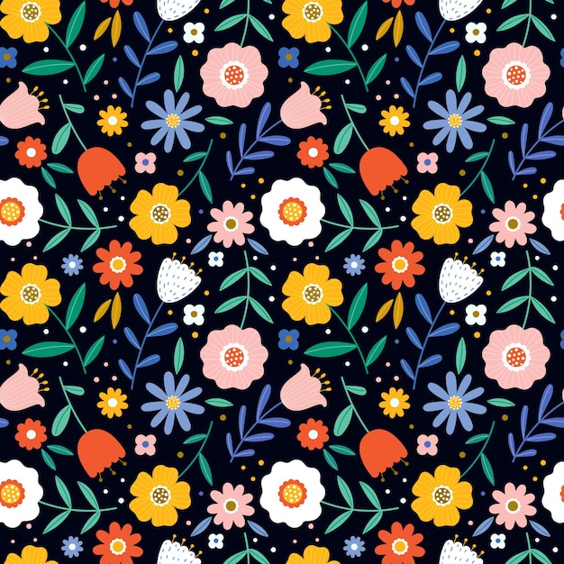 Seamless pattern with bright stylized flowers on a black background