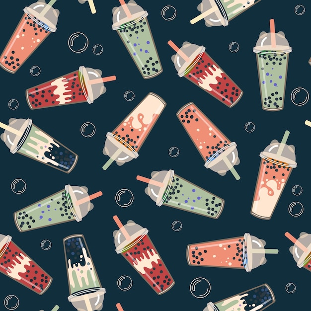 Seamless pattern with bubble milk tea in cups Repeating print with cold boba cocktail in glasses