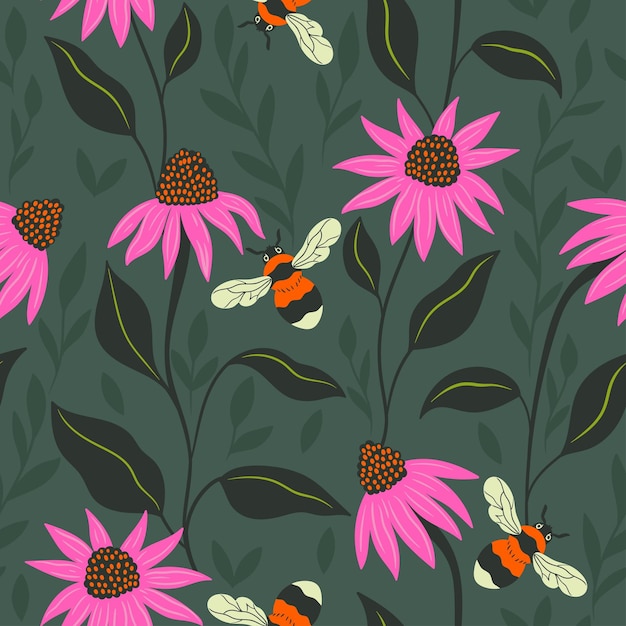 Seamless pattern with bumblebees and echinacea flowers Vector graphics