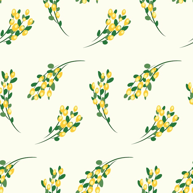 Seamless pattern with bunches of yellow wildflowers Spring print with a simple floral arrangement of twigs with flowers and leaves Vintage botanical background design Vector illustration