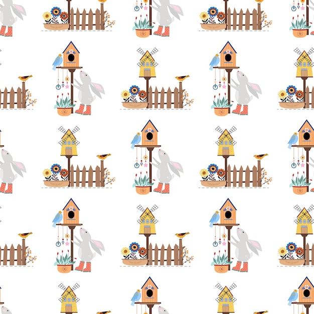 Seamless pattern with bunnies Childrens print with rabbits Spring Work in the garden