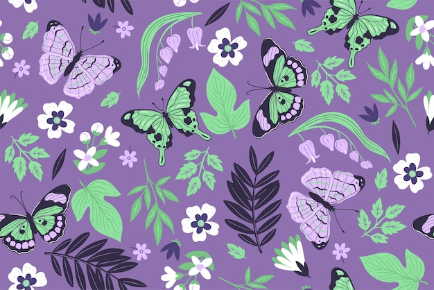 Seamless pattern with butterflies and flowers Vector graphics