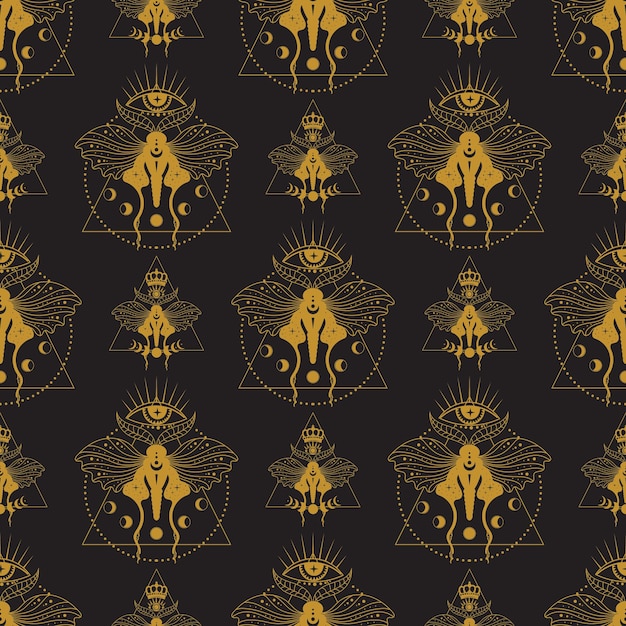 Vector seamless pattern with butterfly, moth, sun, stars, moon, constellation, eye. mystical and esoteric.