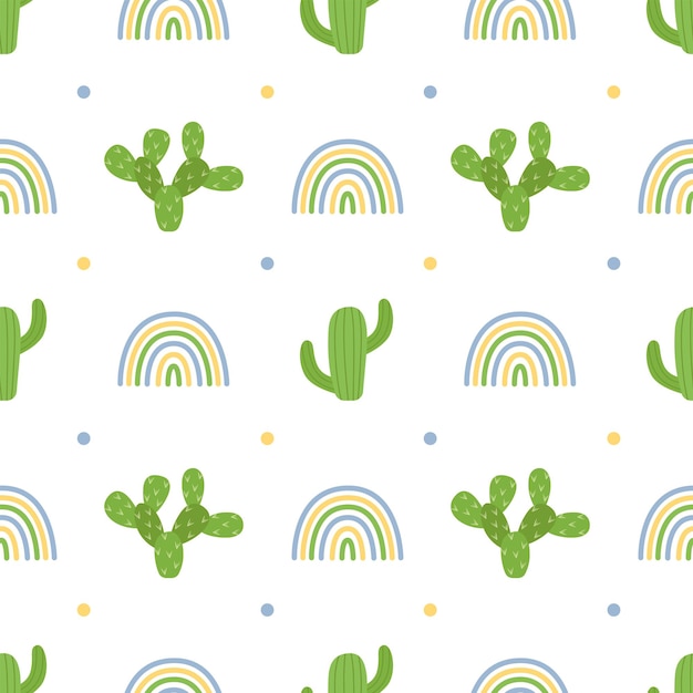 Seamless pattern with cacti and rainbows, vector illustration