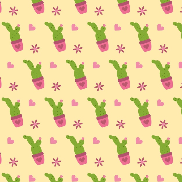 Seamless pattern with cactus in the flowerpot and pink hearts a yellow background Vector illustration